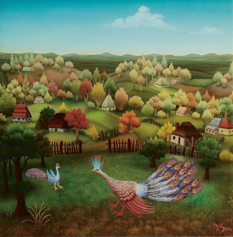 Ivan Generalic - Village Landscape with two Peacocks