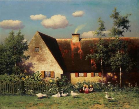 Paul Wilhelm Keller-Reutlingen - PLAYING CHILDREN WITH GEESE IN FRONT OF A FARMHOUSE