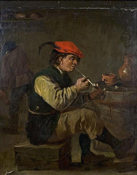 Joos van Craesbeeck - SMOKING PEASANT WITH RED HAT