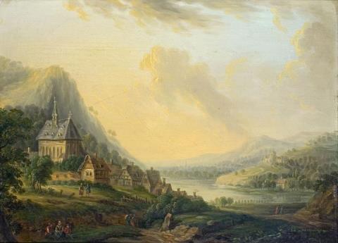 Christian Georg Schütz the Younger - RIVER LANDSCAPE WITH VILLAGE AND CHURCH