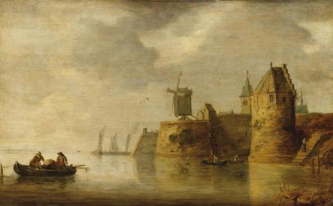 Frans de Hulst - RIVER LANDSCAPE WITH WIND-MILL AND BOATS