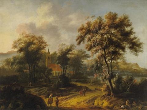 Jacob van der Croos - WOODED LANDSCAPE WITH CHURCH AND RIDERS