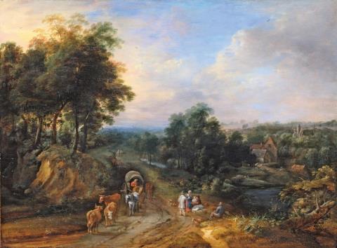 Jacques D' Arthois - WIDE LANDSCAPE WITH CART AND FIGURAL STAFFAGE