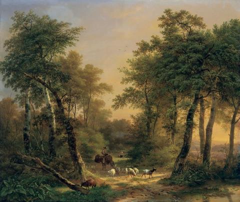 Pierre Jean Hellemans - WOODED LANDSCAPE WITH SHEPHERDS AND SHEEPS