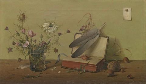 Herbert Böttger - Stilleben mit Feldblumenstrauss, Nüssen, Federn und Buch (Still-life with bouquet of field flowers, nuts, feathers and book)