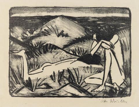Otto Mueller - Ein in Dünen sitzendes und ein liegendes Mädchen (Zwei Mädchen in den Dünen, Sylt)