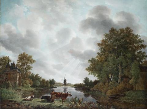 Adrianus van der Koogh - DUTCH RIVER LANDSCAPE WITH CASTLE, WINDMILL AND CATTLE