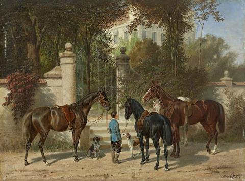 Franz Quaglio - FOUR SATTLED HORSES IN FRONT OF A GATE