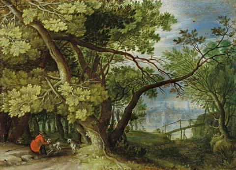 Jan Brueghel d. Ä. - WALDLANDSCHAFT MIT JÄGER, HUNDEN UND EINEM DURCHBLICK AUF EINE STADT AM WASSER