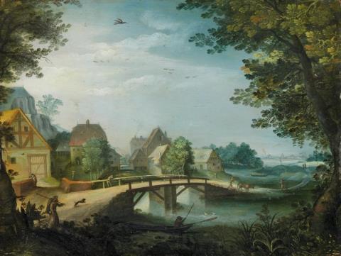 Flemish School, 17th century - LANDSCAPE OF A VILLAGE WITH RIVER AND BRIDGE