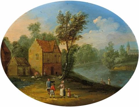 Jan Pieter van Bredael the Younger - SMALL RIVER LANDSCAPE WITH TIMBERED HOUSE AND STAFFAGE