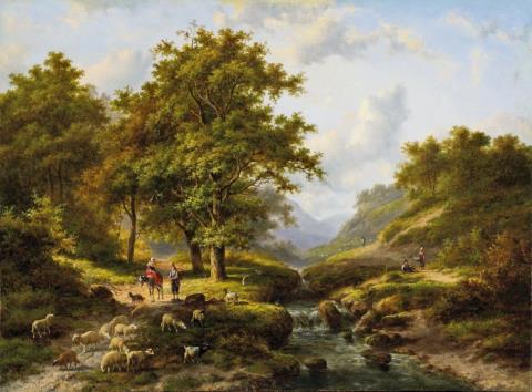 Eugène-Joseph Verboeckhoven - RIVER LANDSCAPE WITH A FLOCK OF SHEEP