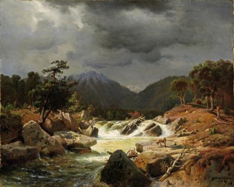 Andreas Achenbach - NORWEGEAN LANDSCAPE WITH TORRENT AND FOX