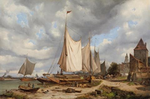 Julius von Leypold - VIEW OF AN HARBOUR WITH BARGES