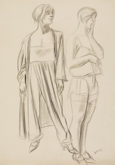 Karl Hubbuch - Martha stehend mit langen Hosen und Mantel, daneben im Unterkleid (Martha Standing in Trousers and Coat, alongside in Undergarments)