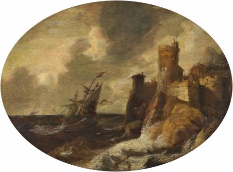Pieter van der Croos - COASTAL LANDSCAPE WITH SAILING SHIP IN THE STORM