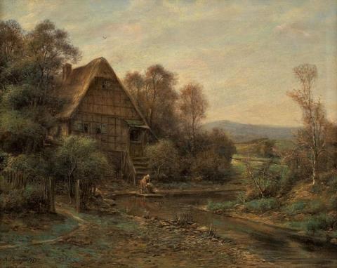 Anton Burger - LANDSCAPE WITH FRAME HOUSE AND A WASHERWOMAN AT A STREAM