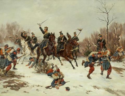 Emil Hünten - BATTLE BETWEEN RINDERS OF A PRUSSIAN UHLANS AND FRENCH SOLDIERS