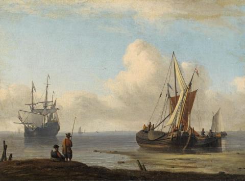 Aernout Smit - COASTAL LANDSCAPE WITH SAILING SHIP AND BOATS
