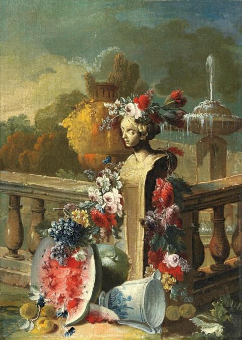 Gasparo Lopez - STILL LIFE WITH FLOWRES, FRUITS AND FEMALE BUST IN FRONT OF A PARK