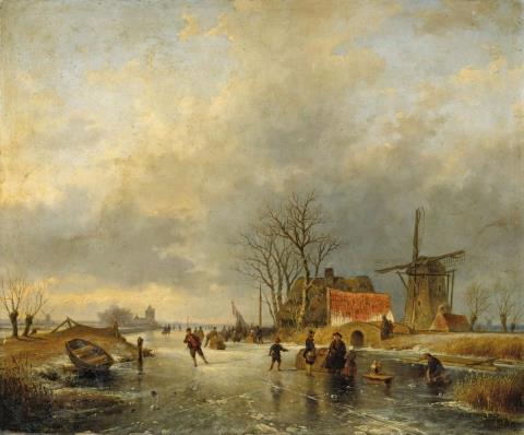 Andreas Schelfhout - WINTER LANDSCAPE WITH WIND-MILL AND SKATERS