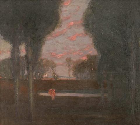 Hermann Urban - VIEW OF A PARK IN IN THE EVENING WITH A FEMALE FIGURE