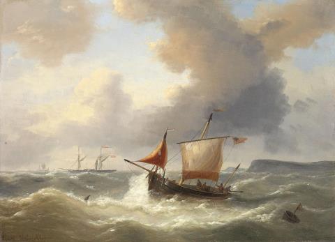 Louis Verboeckhoven - SAILING BOATS AND STEAMBOATS ON STORMY SEA