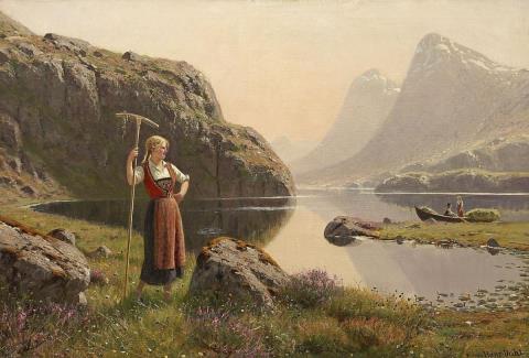 Hans Dahl - HEYHARVEST AT THE SHORE OF A NORWEGIAN MOUNTAIN LAKE