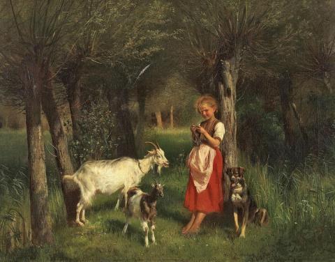 Anton Heinrich Dieffenbach - A KNITTING GIRL WITH TWO GOATS AND A DOG