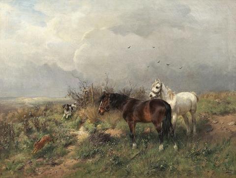 Ludwig Benno Fay - LANDSCAPE WITH TWO HORSES AND A HUNTING DOG