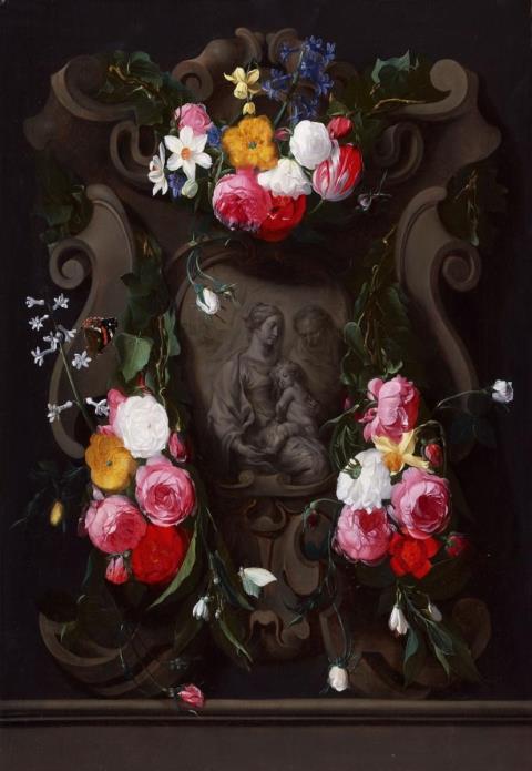 Flemish School, 17th Century - FLOWER GARLAND WITH THE HOLY FAMILY