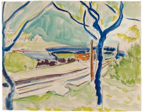 Ernst Ludwig Kirchner - Landschaft mit See im Hintergrund. Rückseitig: Badende