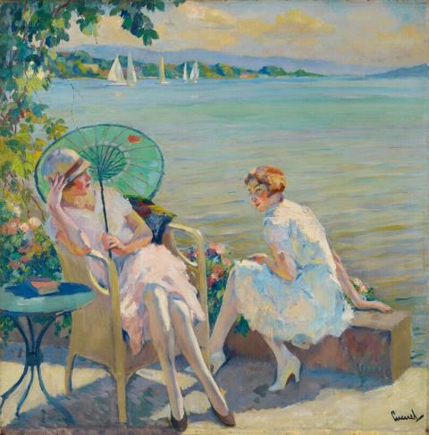 Edward Cucuel - Zwei sitzende Mädchen am Starnberger See (Two Girls sitting at Lake Starnberg)