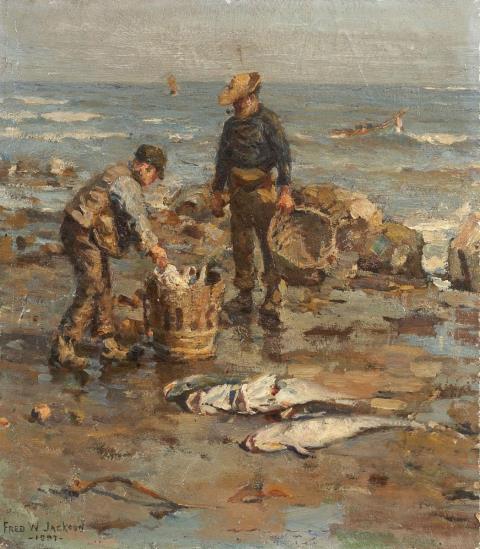 Frederick William Jackson - SCENE AT THE SHORE WITH TWO FISHERMEN