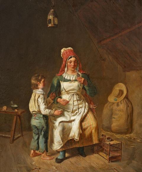 Anne Geneviève Greuze - MOTHER AND SON FEEDING A CHICK