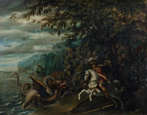 Flemish School circa 1610 - LANDSCAPE WITH SAINT GEORGE AND THE DRAGON