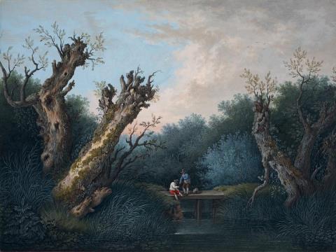  German or French artist - SCENERY WITH TWO FISHERMEN ON A BRIDGE