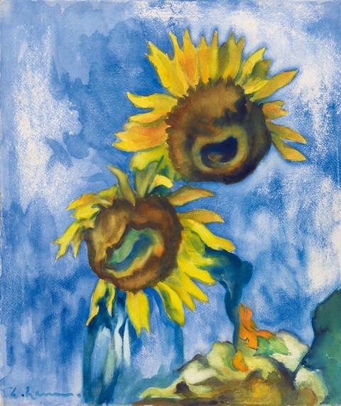 Heinrich Nauen - Zwei Sonnenblumen vor blauem Grund